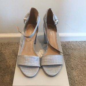 Blue and White pinstripe block heel